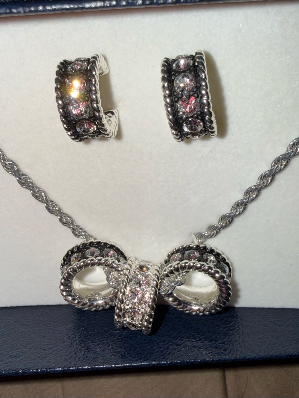 Silver and black Pendant Necklace with Matching Hoop Earrings
